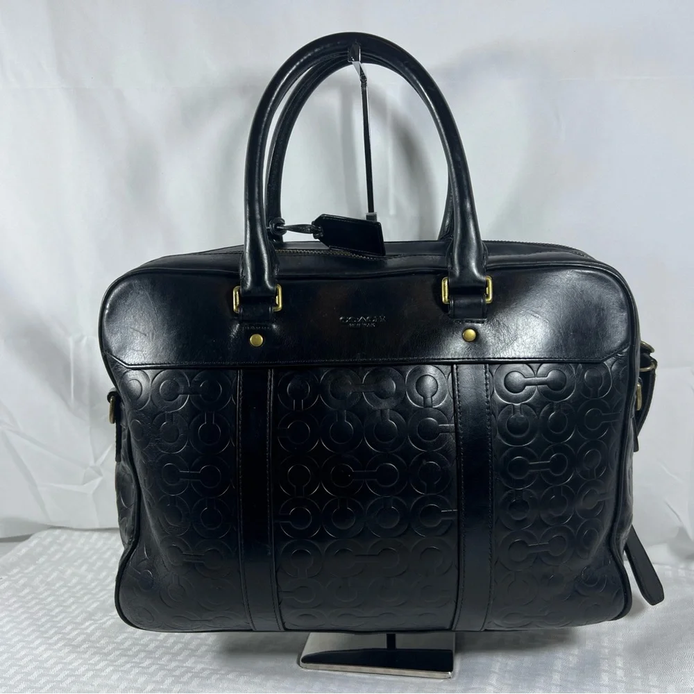 4043: Coach Black Embossed Leather Laptop Briefcase Business Bag